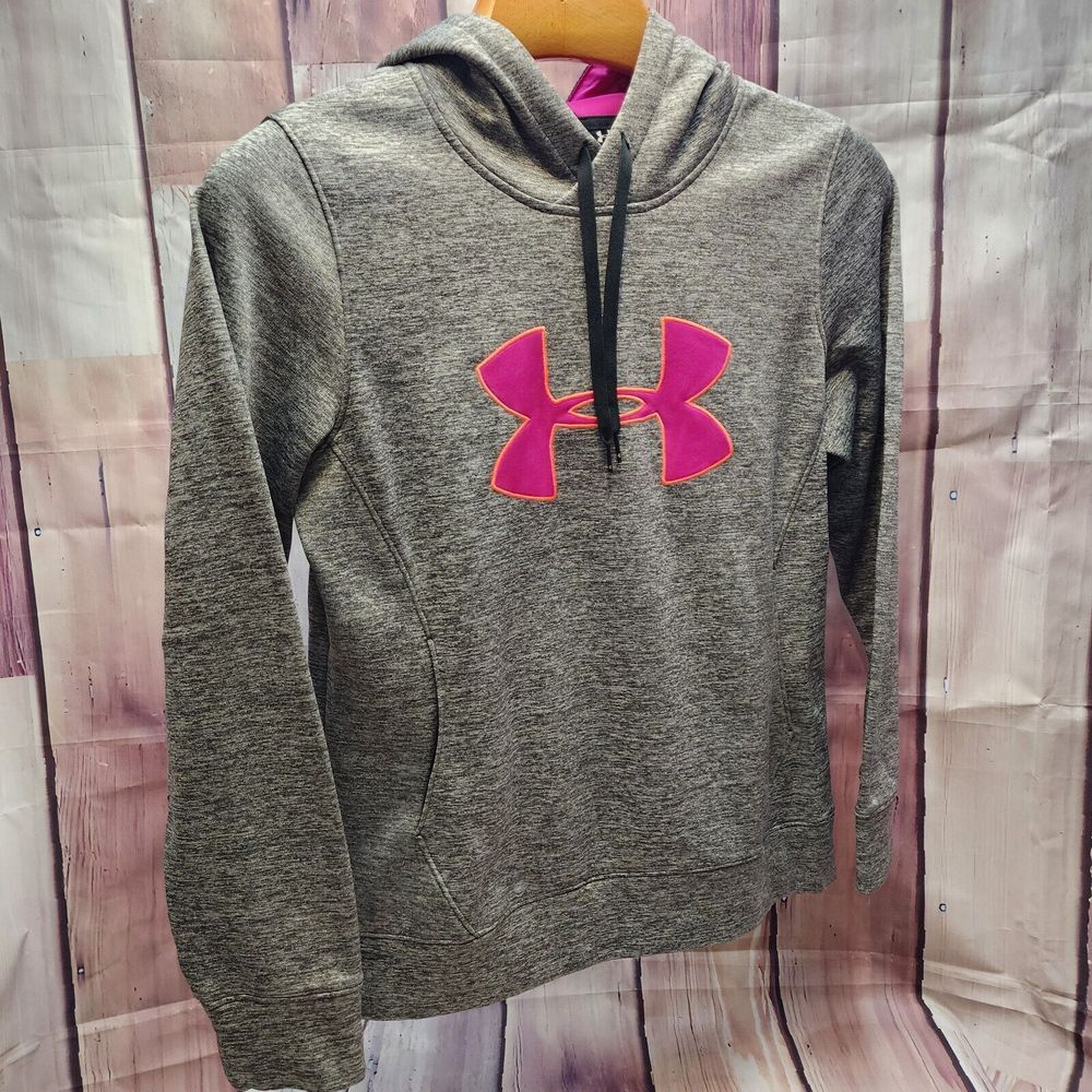 Under Armour Hoodie Womens Medium Heather Gray‎ W/  Fabric Logo Pullover - Picture 3 of 7